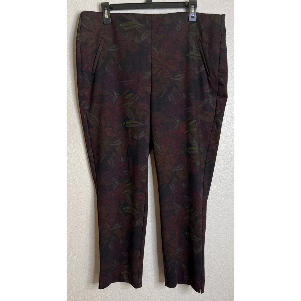 Chicos 3 US XL Fabulously Slimming Ankle Pants Burgundy Floral Stretch Pull On